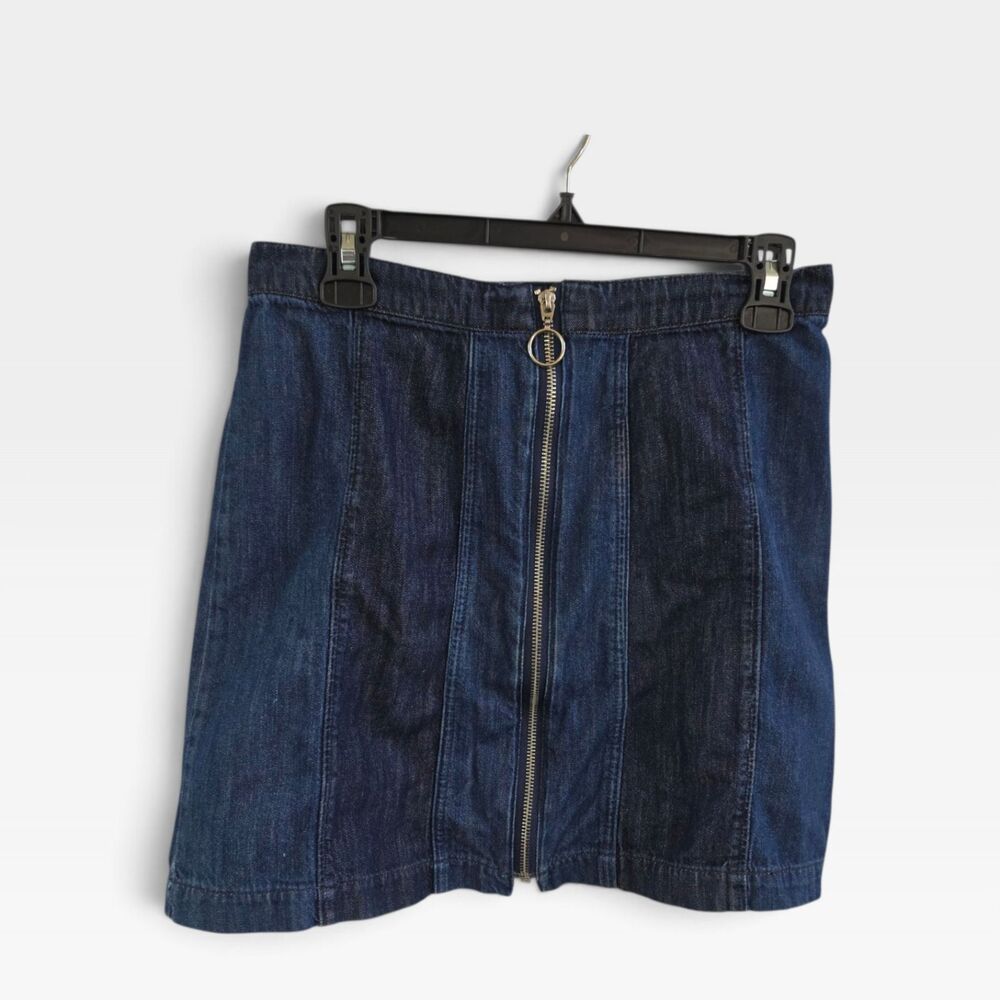 H&M Dark Wash Denim Zip Front Mini Skirt Ring Pull Paneled A-Line Size 10